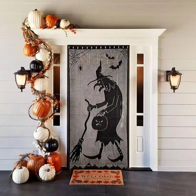 Halloween Scary Witch Front Door Curtain Decoration, Halloween Broomstick Bats Flying Jagged Bottom Display