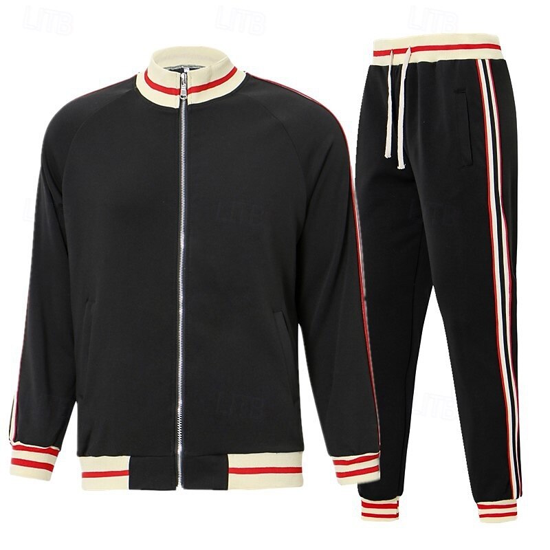 Men's T-shirt Suits Shirt and Pant Sets 2 Pieces Outfits Long Sleeve Stand Collar Summer Stripes Fashion Casual 2 Piece Vacation Daily Wear Going out Black Red Navy Blue Top Tee for Men3