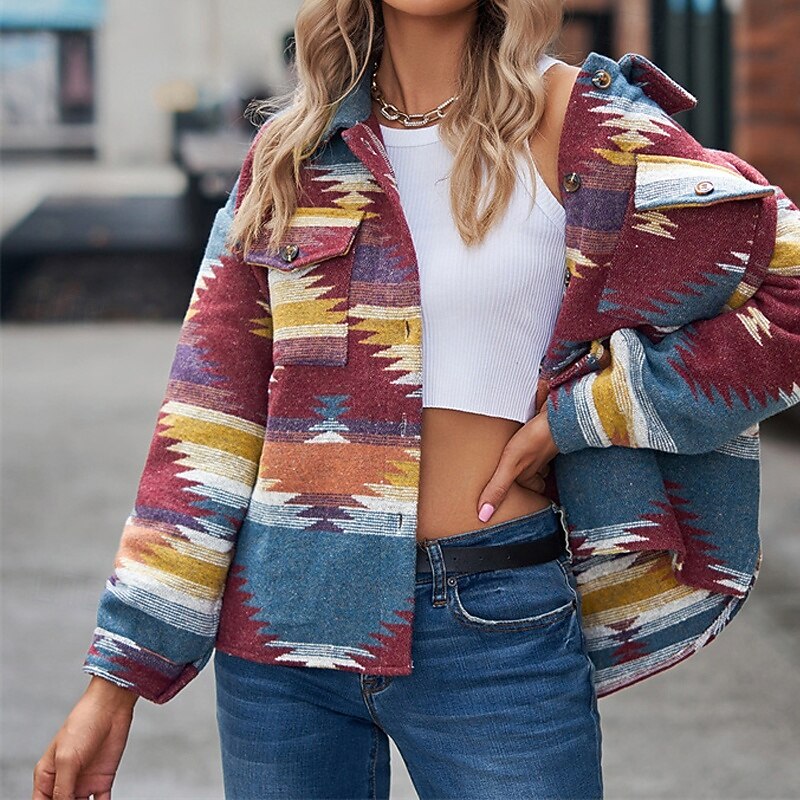 Women's Casual Jacket Warm Comfortable Pocket Buttons Fashion Outdoor Print Going out Weekend Single Breasted Regular Turndown Regular Fit Long Sleeve Outerwear Gray Pink Black Burgundy Fall Winter