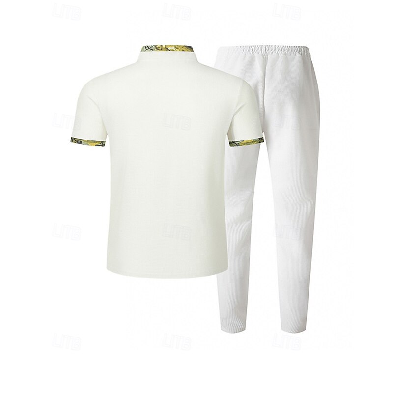 Men's Waffle Shirt T-shirt Suits Shirt and Pant Sets 2 Pieces Outfits Short Sleeve Quarter Zip Summer Color Block Fashion Casual Pocket 2 Piece Vacation Daily Wear Going out Black White Wine Top Tee3