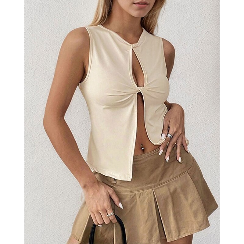 Women's Blouse Plain Modern Casual Sleeveless Crew Neck Regular Tops Daily Holiday Cut Out Apricot Summer3