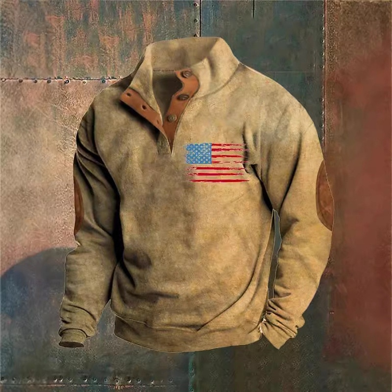 Men's Sweatshirt Black White Brown Khaki Gray Standing Collar Graphic American Flag Print Daily Holiday Going out Polyester Streetwear Casual Fall Winter Clothing Apparel Hoodies Sweatshirts  Long3