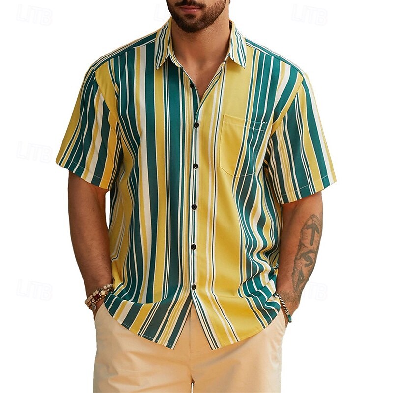 Men's Shirt Summer Shirt Casual Shirt Beach Shirt Button Up Shirt Black Yellow Blue Dark Gray Short Sleeve Stripes Lapel Vacation Hawaiian Clothing Apparel Polyester Fashion Casual Comfortable