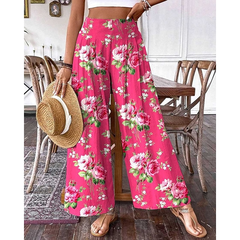 Women's Pants Trousers Palazzo Pants Fashion Boho Full Length High Waist Floral Elastic Waist Comfy Comfortable Micro-elastic Street Daily Wear Going out Pink Orange Summer Spring Regular Fit