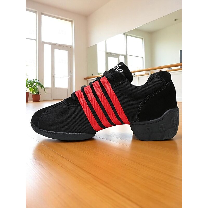 Women's Black Mesh Dance Sneakers - Lightweight Breathable Jazz and Hip Hop Practice Shoes with Red Stripes for Fitness and Performance4