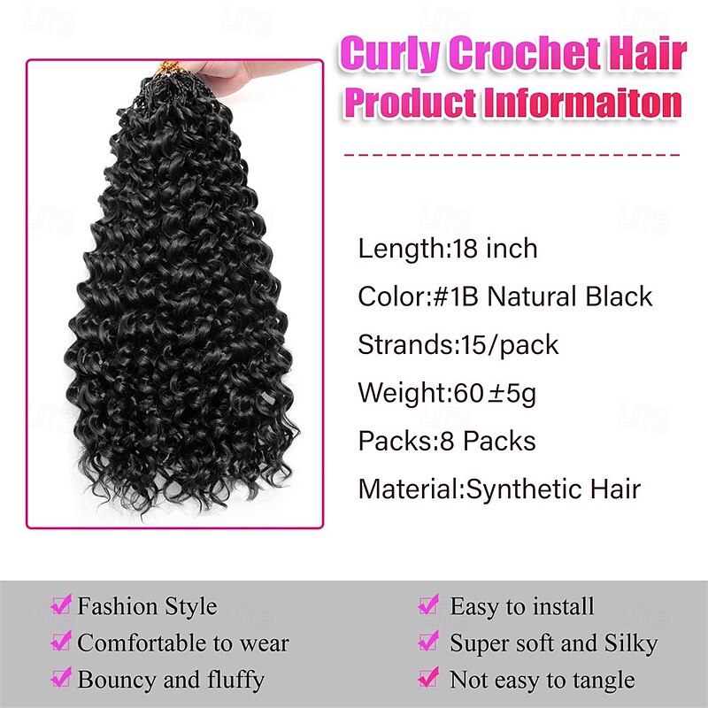 Crochet Hair 8 Packs Ocean Wave Crochet Hair Pre Looped Long Deep Wave Hair Extension Synthetic Braiding Hair for Women Natural Black 18 Inch 1B2