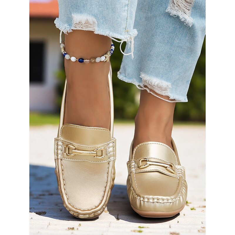 Women's Gold Faux Leather Loafers – Classic Slip-On Moccasin Flats with Metal Detail for Daily Commuting and Weekend Outings3