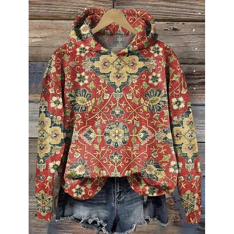 Women's Hoodie Pullover Sweatshirt Oversized Long Sleeve Casual Graphic Floral Paisley Vintage Fashion Western Hooded Street Dailywear Holiday Print Front Pocket Blue Orange Beige Gray Fall Winter3