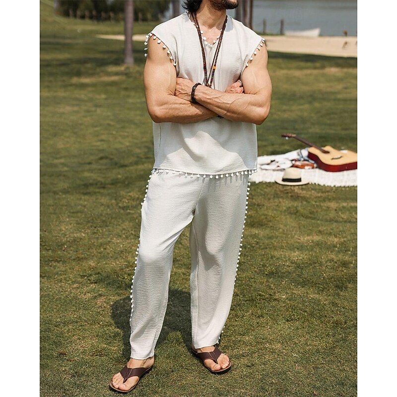 Men's T-shirt Suits Shirt and Pant Sets 2 Pieces Outfits Sleeveless Crew Neck Summer Plain Fashion Casual 2 Piece Vacation Daily Wear Going out White Top Tee for Men2