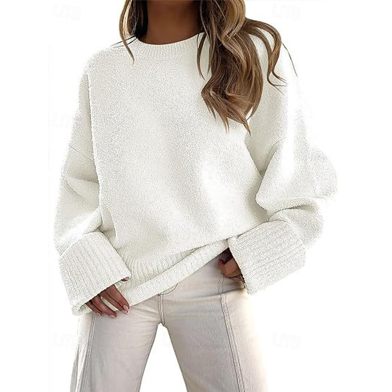 Women's Sweater Pullover Fashion Solid Color Ribbed Crew Neck Knitted Long Sleeve Regular Tops Knit Outdoor Holiday Going out Black White Fall2