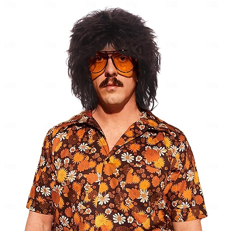 Mullet Wig with Bangs 70s Disco Party Mens Hippie Wigs Brown Long Curly Male Wig Halloween Costumes 80s Rocker Wig