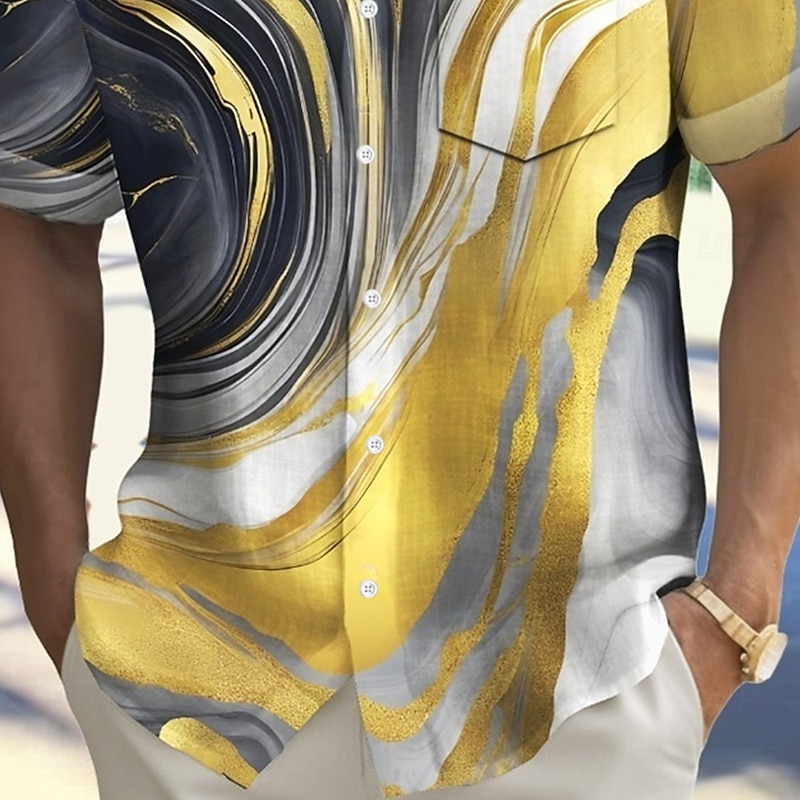 Men's Waves Abstract Marble Shirt Summer Shirt Button Up Shirt Short Sleeve Fashion Casual Outdoor Vacation Dailywear Summer Spring Turndown 3D Print Collared Shirts Front One Pocket Yellow3