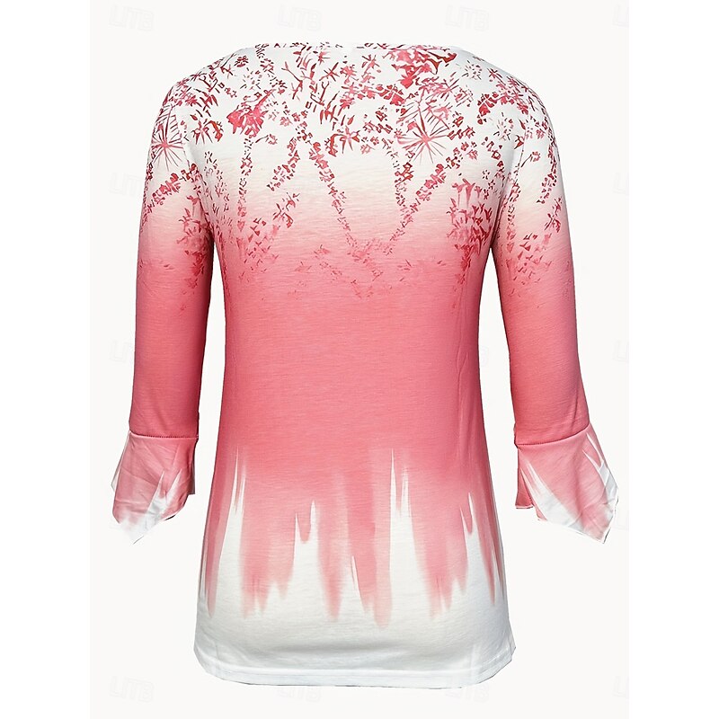 Women's Blouse V Neck Ombre Graphic Elegant 3/4 Length Sleeve Crew Neck Regular Tops Daily Going out Ruffle Buttons Black White Pink Spring Fall2