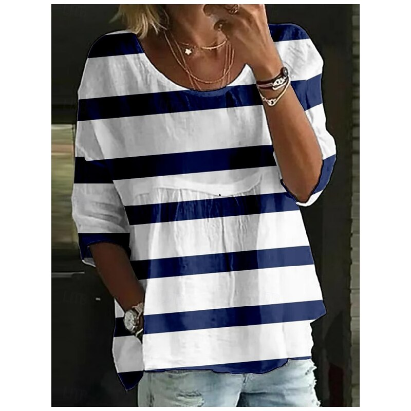 Women's Blouse Striped Stylish 3/4 Length Sleeve Crew Neck Regular Tops Daily Holiday Print Black Red Navy Blue Purple Fuchsia Summer4