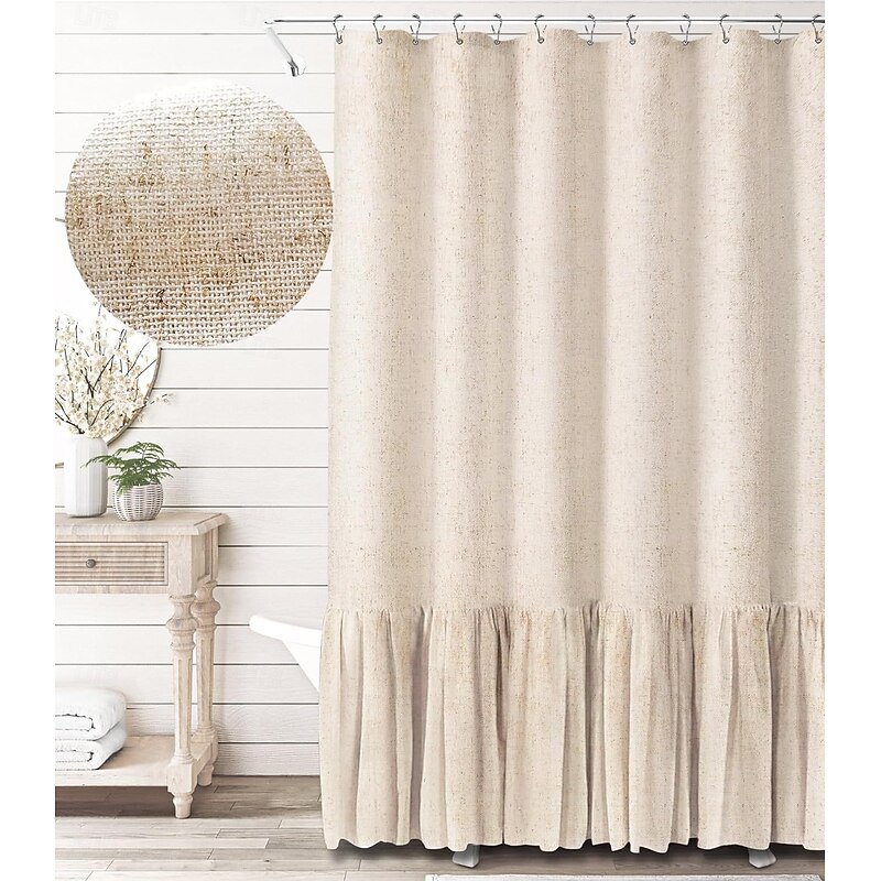 Farmhouse Shower Curtain Ruffle Linen Textured Boho Machine Washable Shower Curtain for Bathroom