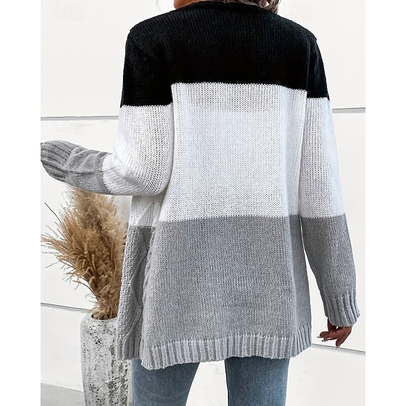 Women's Sweater Cardigan Casual Color Block Ribbed V Neck Patchwork Knitted Long Sleeve Regular Tops Knit Outdoor Home Daily Black Fall4