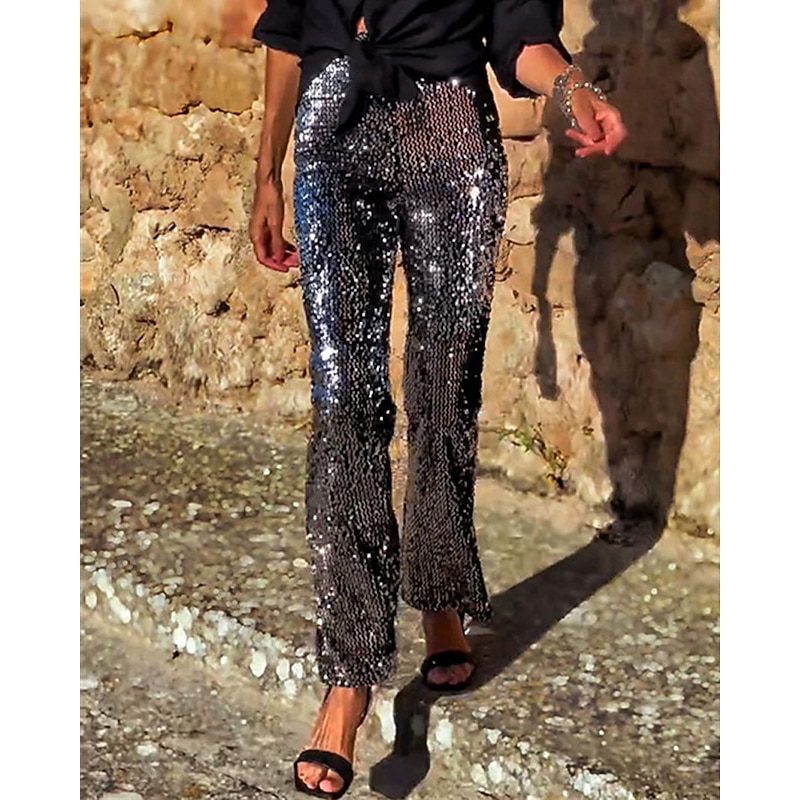 Women's Flared Pants Pants Trousers Fashion Streetwear Full Length High Waist Solid Color Sequins Elastic Waist Breathability Comfortable Micro-elastic Party Going out Black Summer Regular Fit2