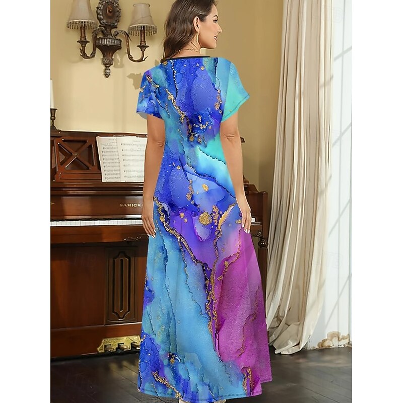 Women's Midi Dress Sundress A Line Dress Vacation Casual Boho Going out Loose Fit Ombre Graphic Geometric Short Sleeve V Neck Navy Blue Blue Sky Blue Purple Summer Spring Fall3