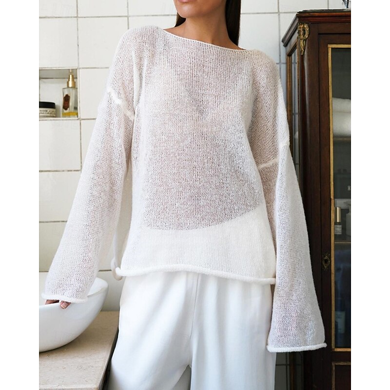 Women's Blouse Plain Modern Casual Long Sleeve Bell Sleeve Crew Neck Regular Tops Daily Holiday Going out White Pink Brown Fall4