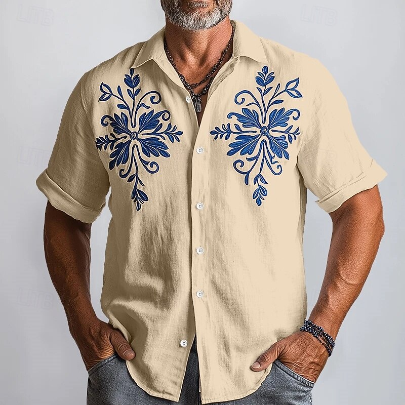 Men's Linen Shirt Summer Shirt Beach Wear Button Up Shirt Floral Vacation Casual White Blue Khaki Short Sleeve Turndown Summer Spring Clothing Apparel3