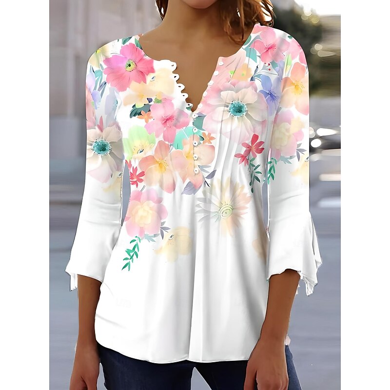 Easter Women's Blouse V Neck Ombre Floral Graphic Elegant 3/4 Length Sleeve Regular Tops Daily Going out Buttons White and Pink Blue Purple Summer Spring Fall2