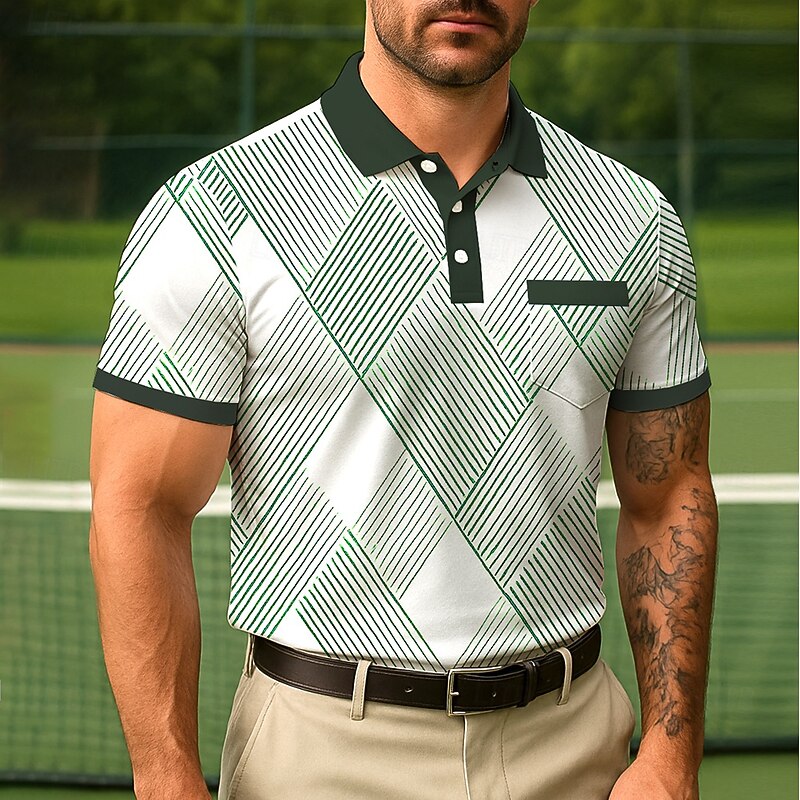 Men's Geometic Line Polo Short Sleeve Turndown Office Casual Daily Buttons Pocket Summer Violet Robin's Egg Blue White4