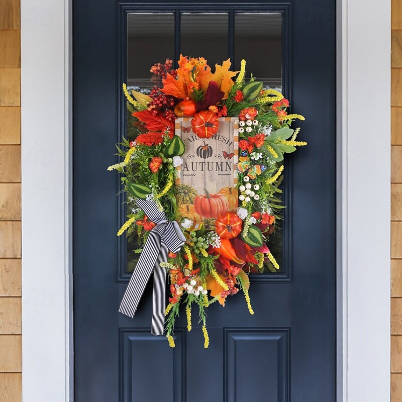 Fall Swag Wreath for Front Door Thanksgiving Autumn Harvest Indoor Outdoor Decoration, Harvest Wooden Sign Wreath with Artificial Pumpkin Rustic Door Hanging4