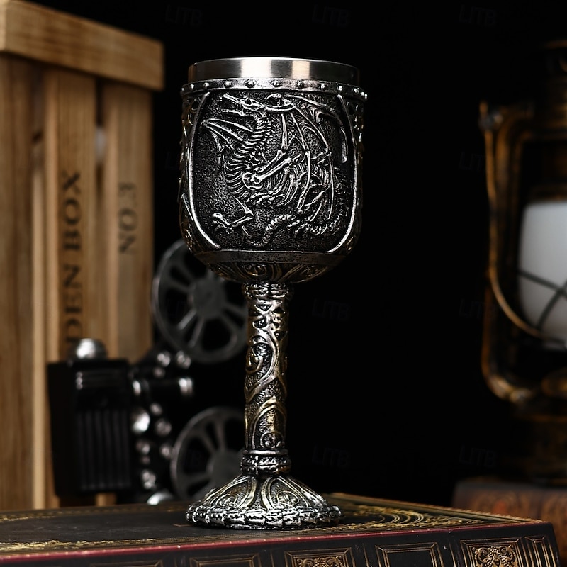 Halloween Skull Wine Goblet  Vintage 3D Skull Stemmed Glass Gothic Embossed Stainless Steel Red Wine Cup, Unique Halloween Party Decor & Gift Idea