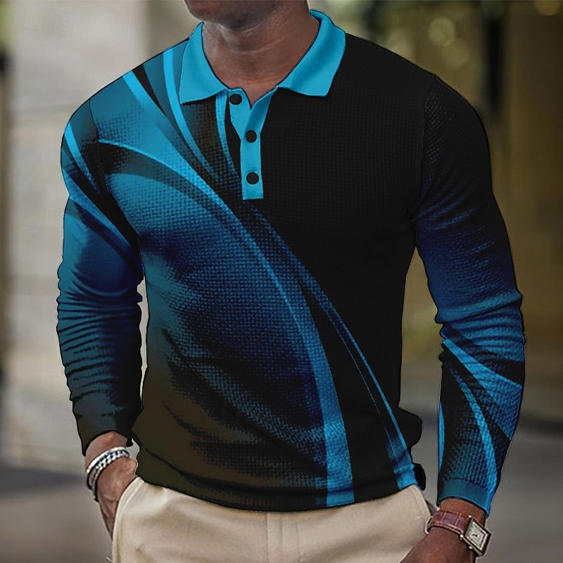 Men's Geometric Waffle Polo Shirts Golf Shirt Long Sleeve Polo Shirts Collared Shirts Business Casual Vacation Wear Formal Wear Festival Wear Buttons 3D Print Yellow Light Green Blue