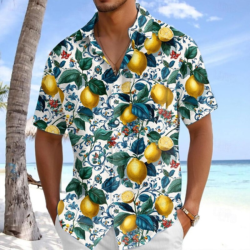 Men's Fruit Lemon Tropical Plants Summer Hawaiian Shirt Button Up Shirt Aloha Shirt Short Sleeve Shirt Turndown Hawaiian Vacation Holiday Beach Wear Blue Dark Green Green S M L4