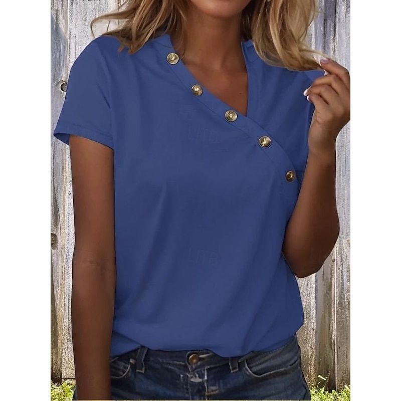 Women's T Shirt Plain Vintage Stylish Classic Short Sleeve V Neck Regular Tops Daily Buttons Print Black White Pink Red Royal Blue Summer Spring
