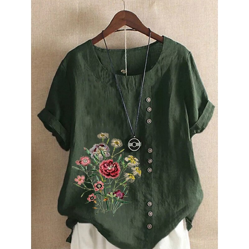 Women's Cotton Linen Shirts Floral Graphic Elegant Daily Basic Short Sleeve Crew Neck Regular Tops Daily Holiday Vacation Wear Buttons Grass Green White Yellow Army Green Navy Blue Summer2