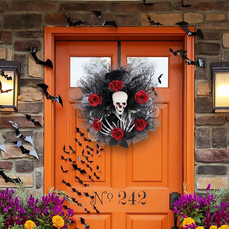 Halloween Wreaths for Front Door Indoor Outdoor Decoration, Rose Skull Mesh Wreath Hanging for Spooky Bar and Party Skeleton Decor2