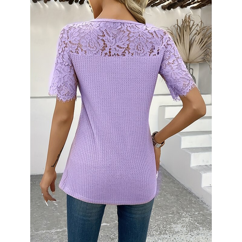 Women's Blouse Solid Color Elegant Stylish Basic Short Sleeve V Neck Regular Tops Daily Holiday Lace Buttons Yellow Pink Purple Summer3
