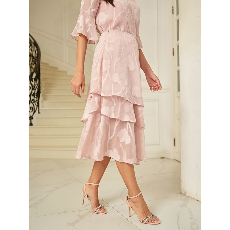 Women's Skirt Elegant Midi Mid Waist Skirts Floral Layered Inelastic Party Causal Pink Summer Chiffon4