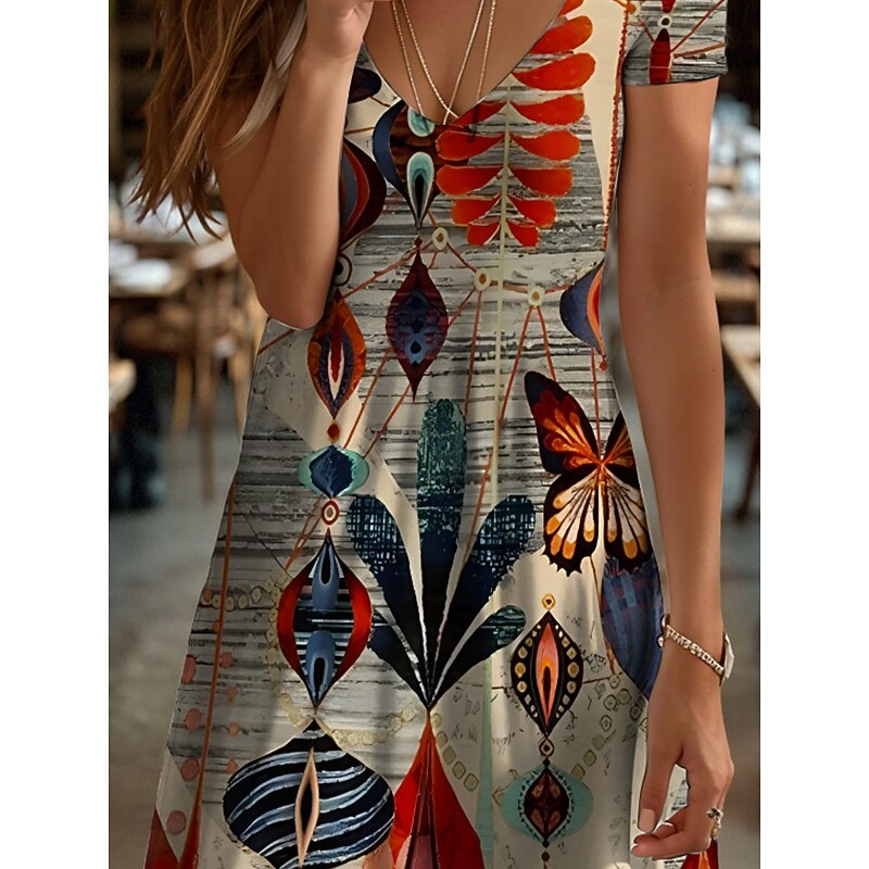 Women's Mini Dress T Shirt Dress Tee Dress Sundress Summer Dress Vacation Casual Boho Daily Holiday Going out Regular Fit Graphic Geometric Butterfly Short Sleeve V Neck Yellow Red Blue Purple Summer3