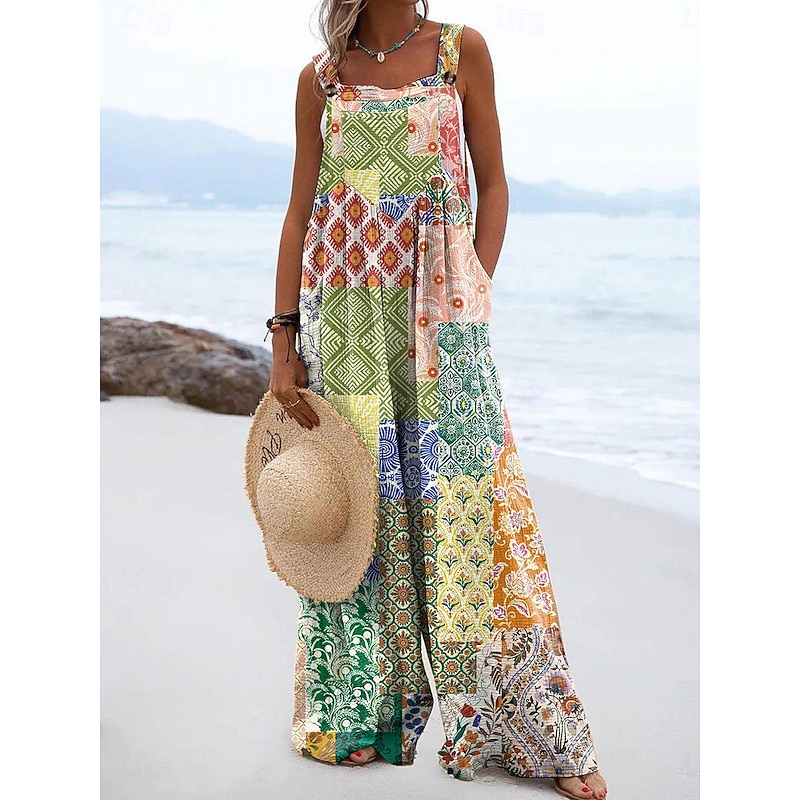 Women's Dungarees Active Floral Sleeveless Wide Leg Vacation Street Loose Fit Yellow Pink Red Summer3