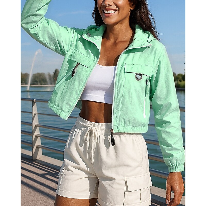 Women's Running Jacket Outdoor Jacket Hooded Long Sleeve Top Athleisure Fall Solid Colored Sun Protection Lightweight Breathable Hiking Running Sportswear Activewear Blue Purple Green4
