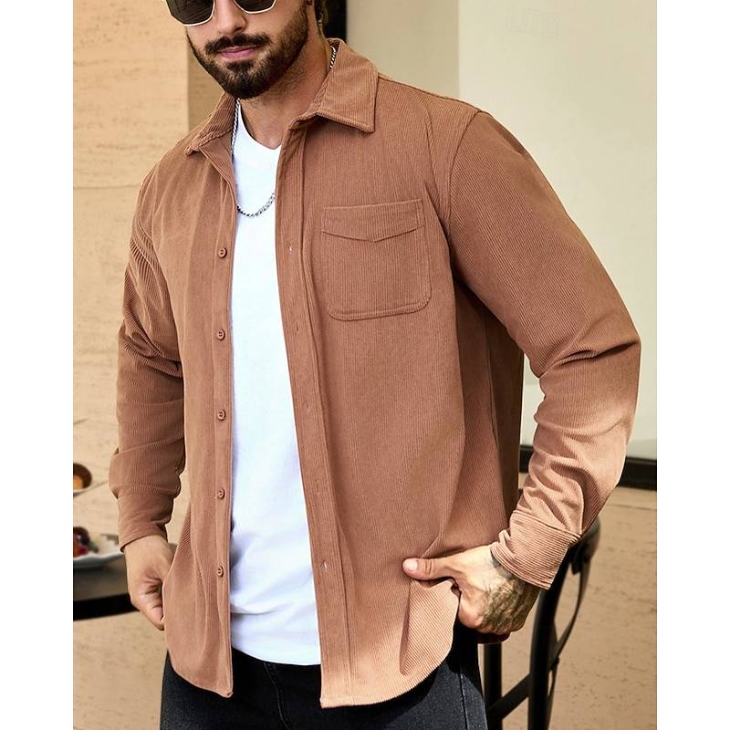 Men's Lightweight Jacket Corduroy Jacket Casual Jacket Vacation Daily Wearproof Pocket Spring Fall Plain Fashion Classic Lapel Regular Black Navy Blue Camel Brown Khaki Jacket - Main Image