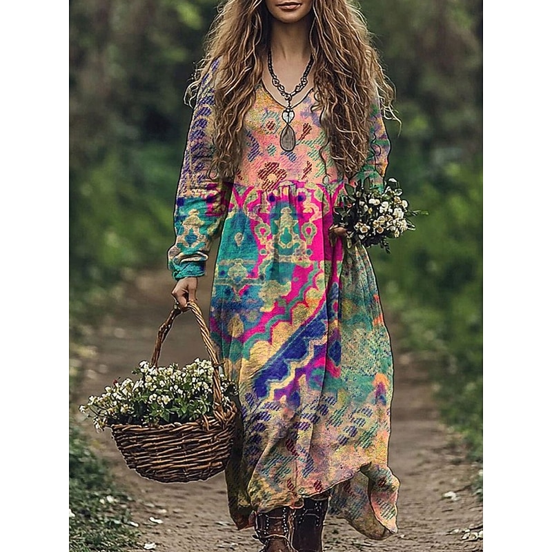 Women's Maxi Dress A Line Dress Vacation Casual Boho Going out Beach Loose Fit Floral Graphic Geometric Long Sleeve V Neck Pink Blue Orange Green Spring Fall3