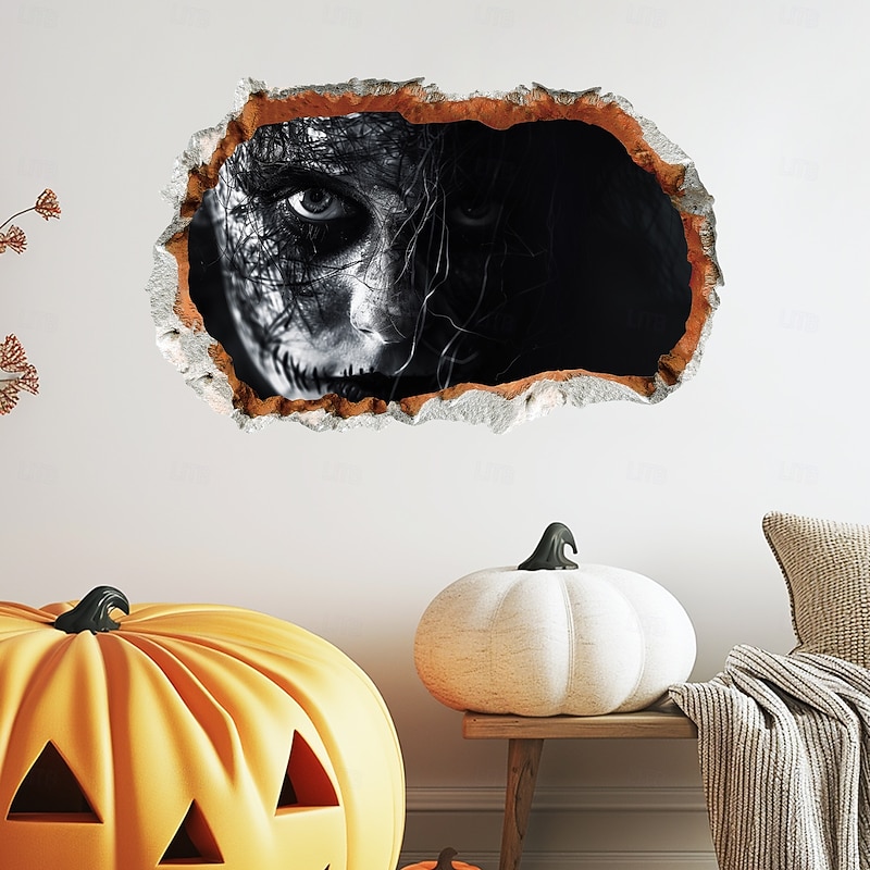 Halloween Wall Decal Sticker 3D Cracked Wall Evil Spirit Removable Horror Wall Decoration for Bedroom Living Room Home Background Decor