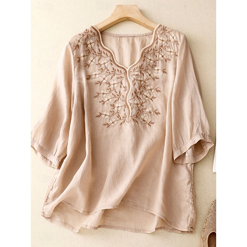 Women's Cotton Linen Shirts Solid Color Stylish Basic Casual 3/4 Length Sleeve V Neck Regular Tops Daily Embroidered Light Green Pink Purple Khaki Summer4