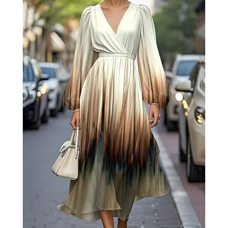 Women's Midi Dress Vintage Dress Casual Dress Elegant Fashion Outdoor Party Holiday Regular Fit Ombre Long Sleeve V Neck Navy Blue Brown Khaki Summer Spring