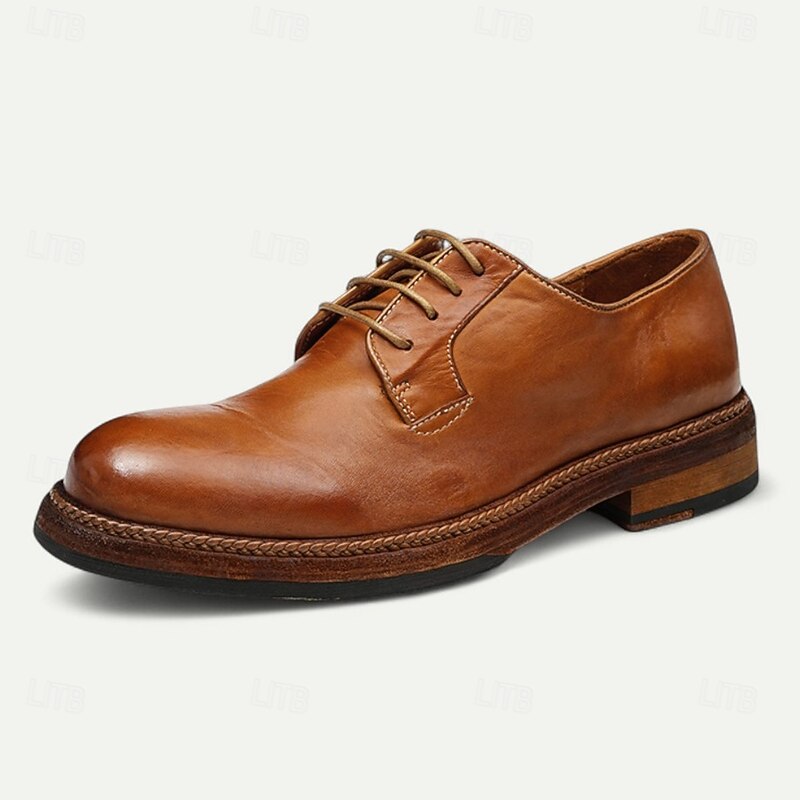 Men's Tan Leather Derby Shoes with Goodyear Welt and Clean Design - Stylish Dress Shoes for Formal, Wedding and Business Events4