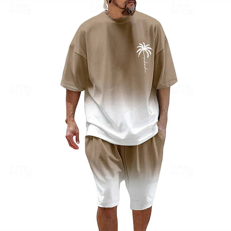 Men's T-shirt Suits 2 Pieces Outfits Tee & Shorts Short Sleeve Crew Neck Summer Coconut Tree Gradual Fashion Casual 2 Piece Vacation Daily Wear Going out Black Navy Blue Blue Top Tee for Men3