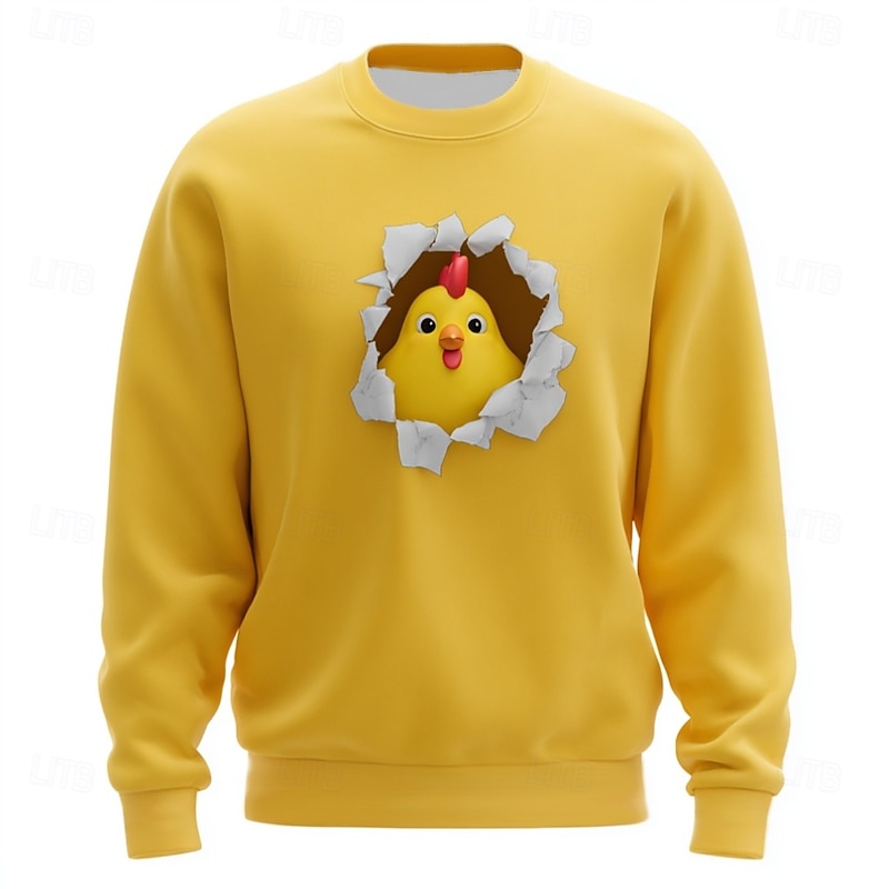 Men's Graphic Chick Funny Sweatshirt Casual Long Sleeve Crew Neck White Yellow Crewneck 3D All Seasons Designer