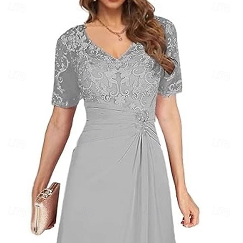 A-Line Mother of the Bride Dress Elegant Simple V Neck Asymmetrical Chiffon Short Sleeve with Solid Color2