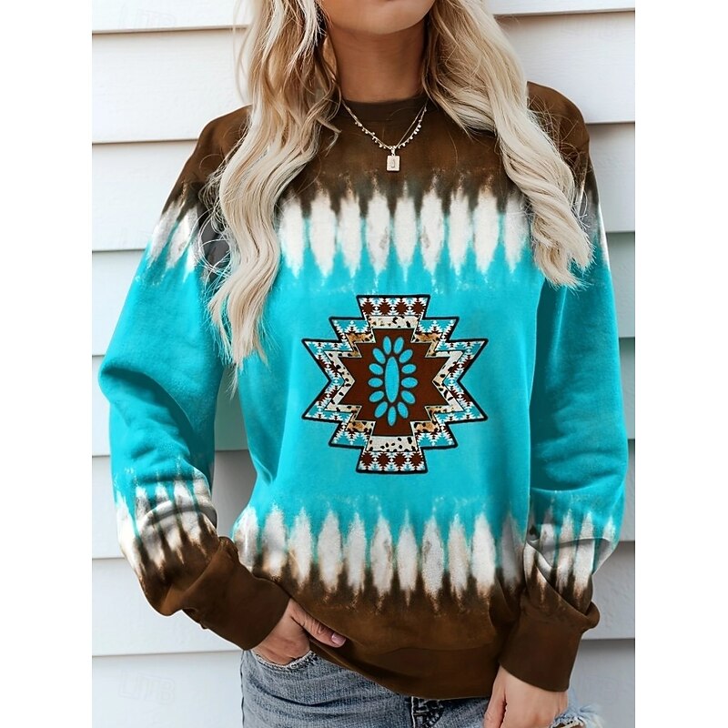 Women's Pullover Sweatshirt Graphic Geometric Warm Vintage Fashion Long Sleeve Crew Neck Regular Tops Street Dailywear Casual Print Blue Khaki Spring Fall Winter4