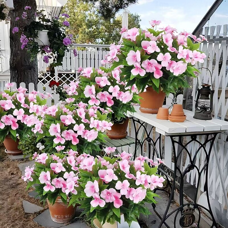 2PCS Artificial Impatiens Hanging Flowers for Indoor Outdoor Decor, Faux Flower Garland for Lawn, Garden, Balcony, and Patio Decoration