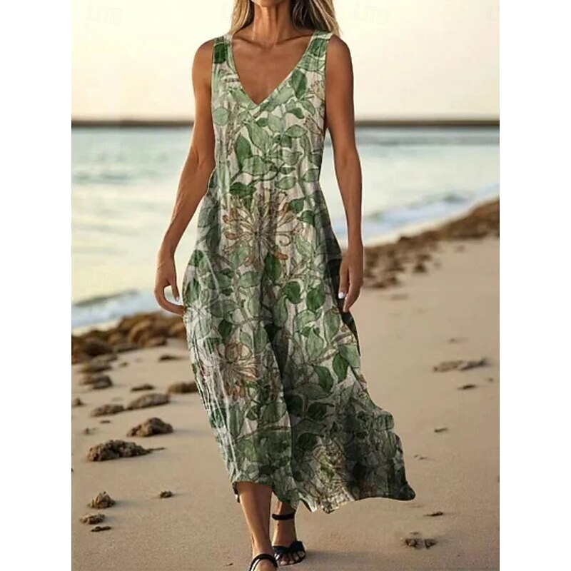 Women's Long Dress Maxi Dress Casual Dress Tank Dress Summer Dress African Daily Holiday Beach Regular Fit Floral Sleeveless V Neck Yellow Blue Dark Green Green Summer4